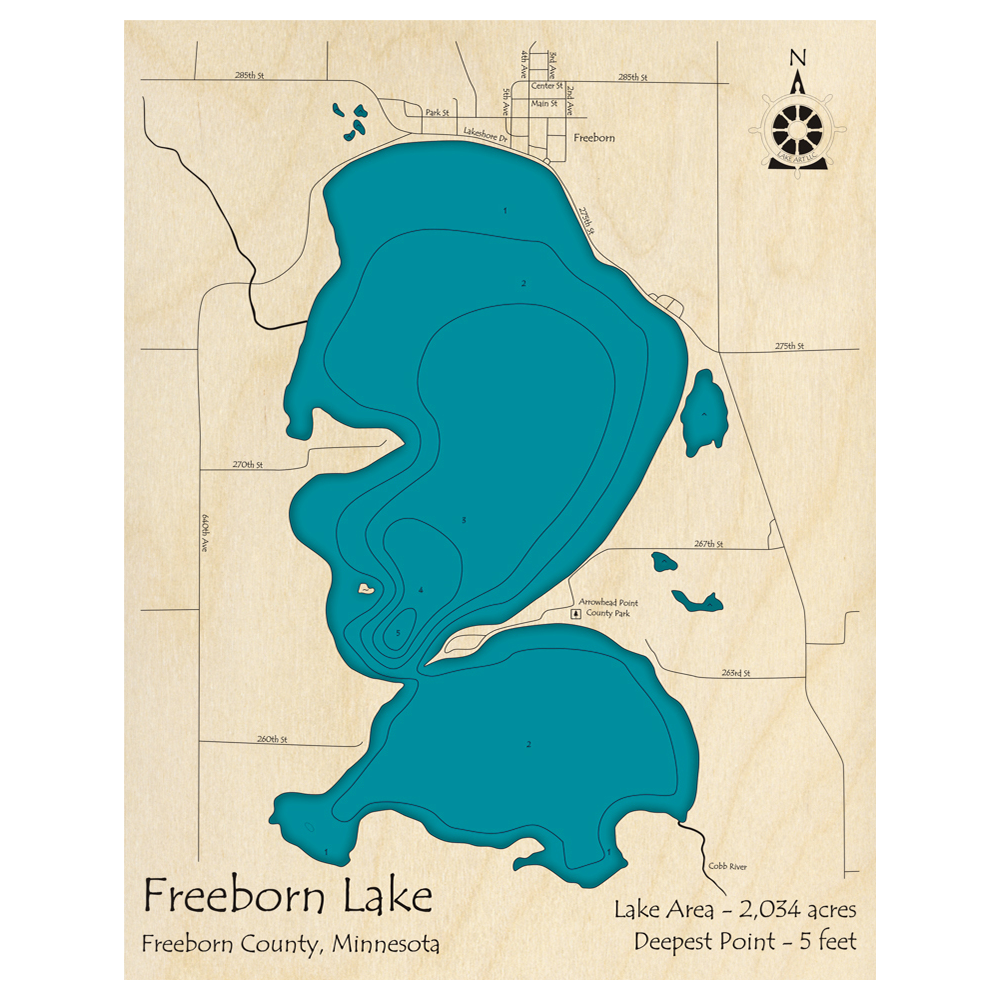Bathymetric topo map of Freeborn Lake, MN with roads, towns and depths noted in blue water.