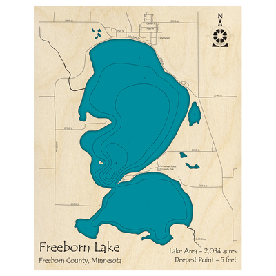 Bathymetric topo map of Freeborn Lake, MN with roads, towns and depths noted in blue water.