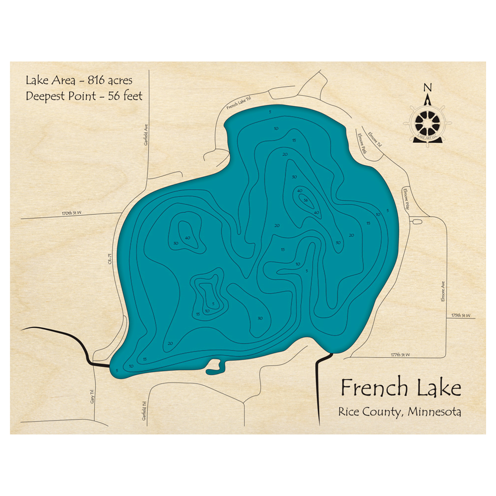 Bathymetric topo map of French Lake, MN with roads, towns and depths noted in blue water.