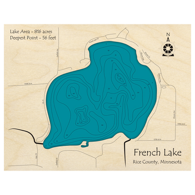 Bathymetric topo map of French Lake, MN with roads, towns and depths noted in blue water.