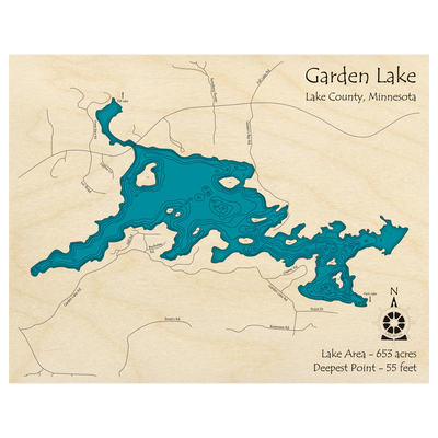 Bathymetric topo map of Garden Lake, MN with roads, towns and depths noted in blue water.