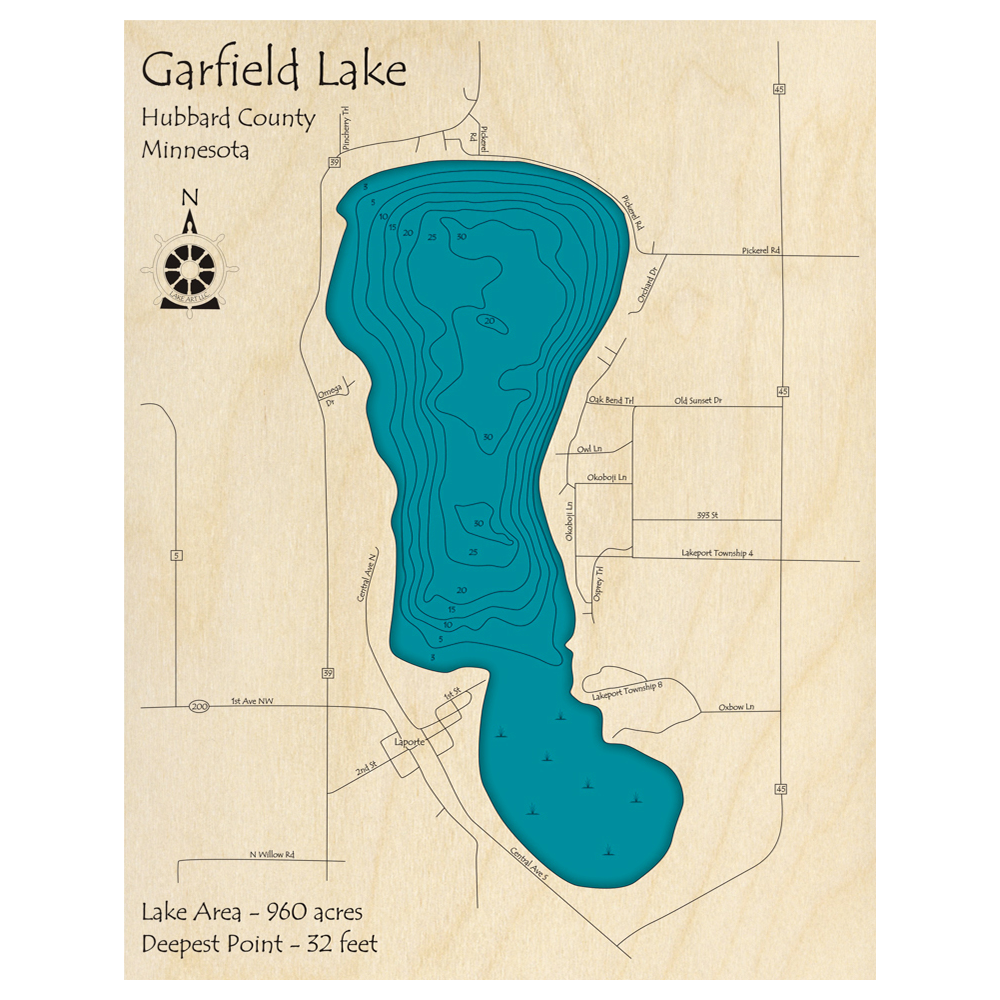 Bathymetric topo map of Garfield Lake, MN with roads, towns and depths noted in blue water.