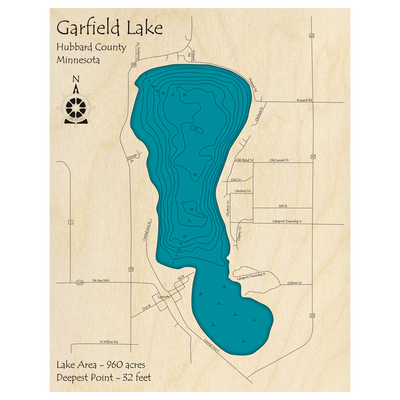 Bathymetric topo map of Garfield Lake, MN with roads, towns and depths noted in blue water.
