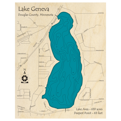Bathymetric topo map of Lake Geneva, MN with roads, towns and depths noted in blue water.