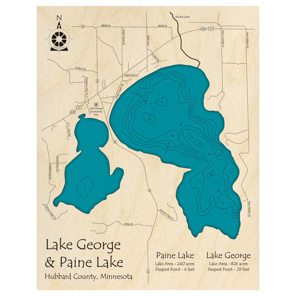 Bathymetric topo map of Lake George and Paine Lake, MN with roads, towns and depths noted in blue water.