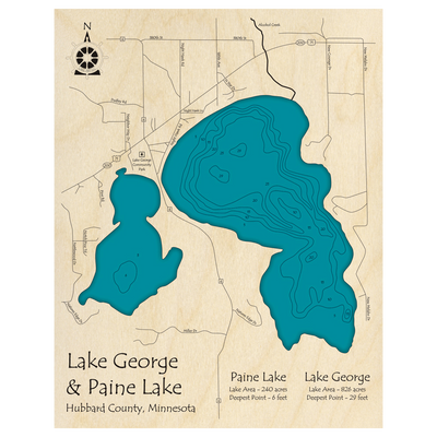 Bathymetric topo map of Lake George and Paine Lake, MN with roads, towns and depths noted in blue water.