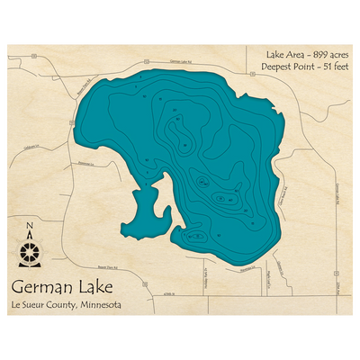 Bathymetric topo map of German Lake, MN with roads, towns and depths noted in blue water.