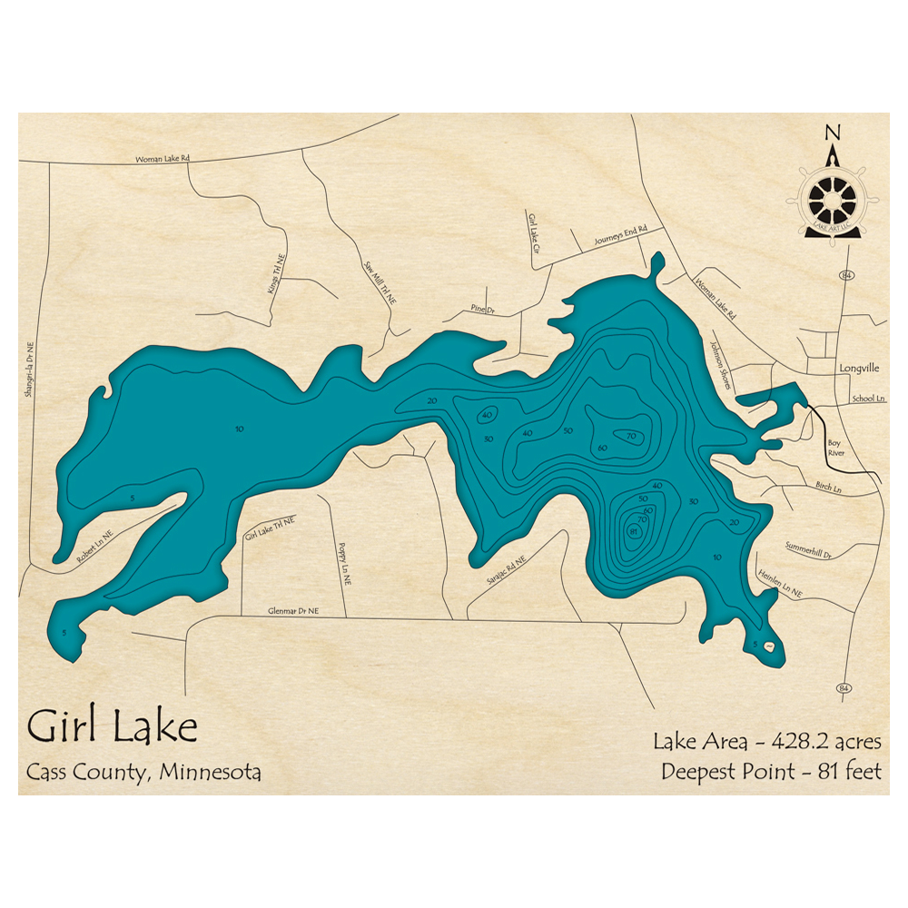 Bathymetric topo map of Girl Lake, MN with roads, towns and depths noted in blue water.