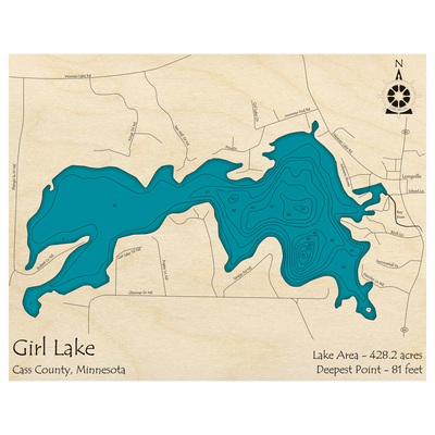 Bathymetric topo map of Girl Lake, MN with roads, towns and depths noted in blue water.