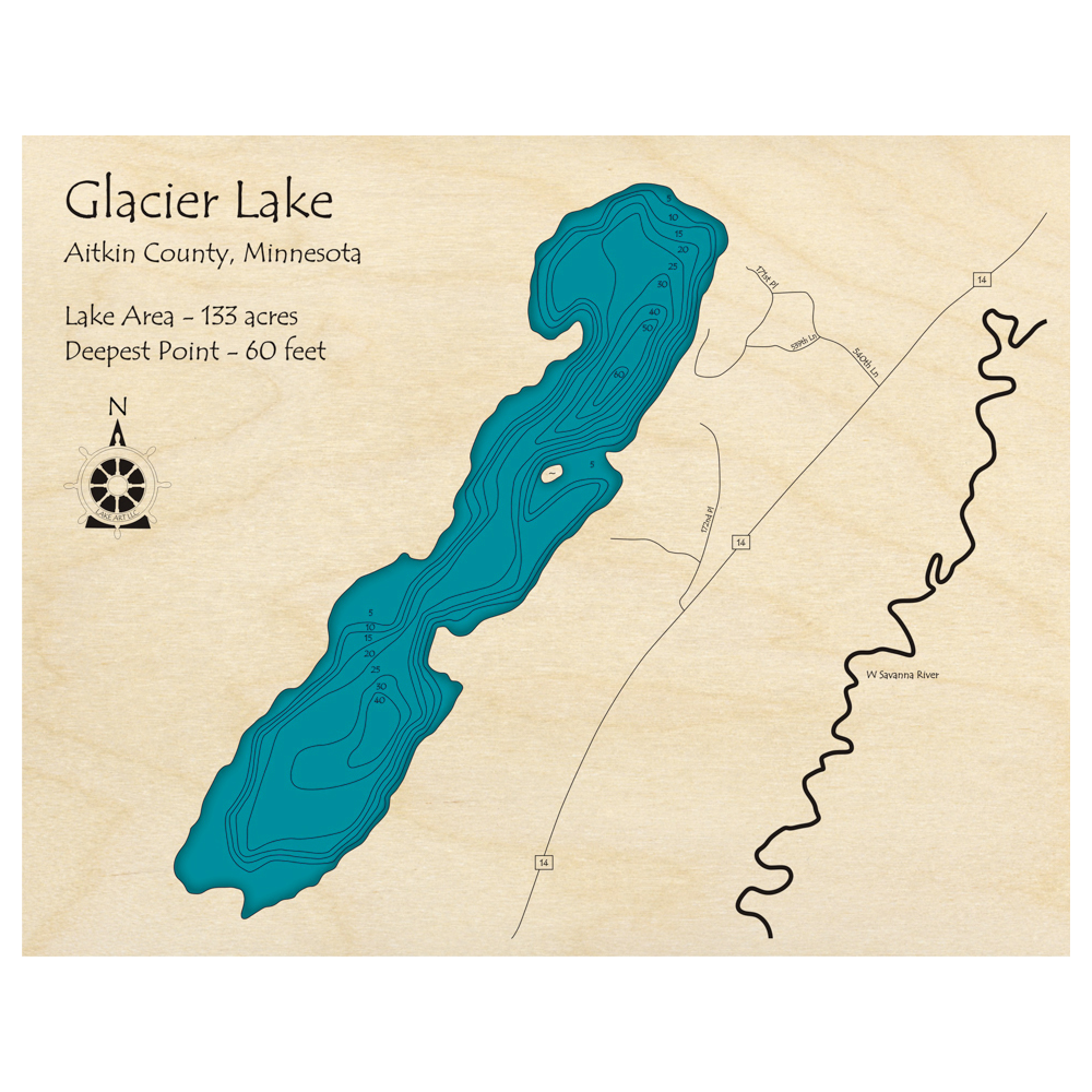 Bathymetric topo map of Glacier Lake, MN with roads, towns and depths noted in blue water.