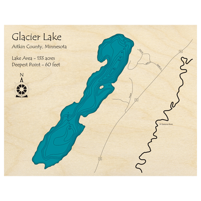 Bathymetric topo map of Glacier Lake, MN with roads, towns and depths noted in blue water.