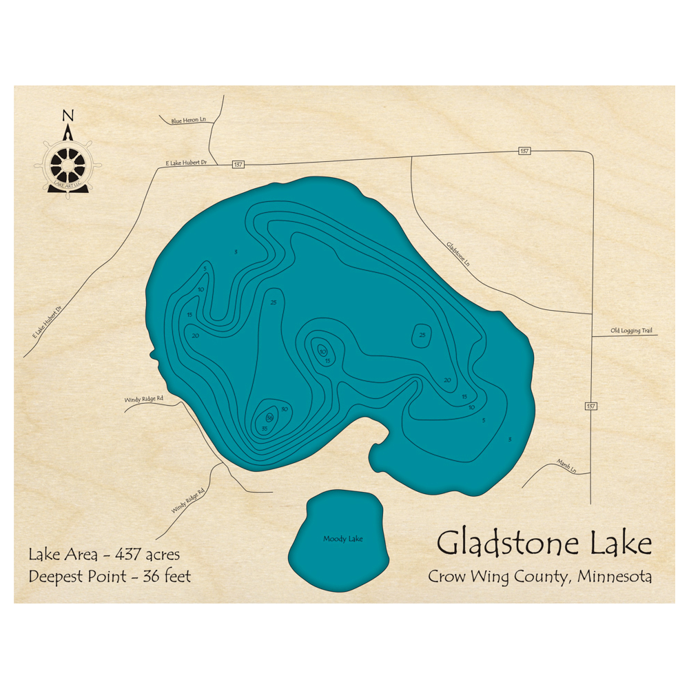 Bathymetric topo map of Gladstone Lake, MN with roads, towns and depths noted in blue water.