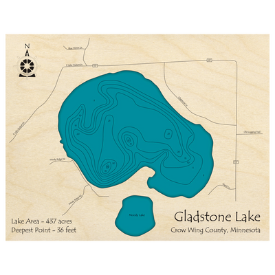 Bathymetric topo map of Gladstone Lake, MN with roads, towns and depths noted in blue water.