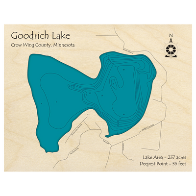 Bathymetric topo map of Goodrich Lake, MN with roads, towns and depths noted in blue water.