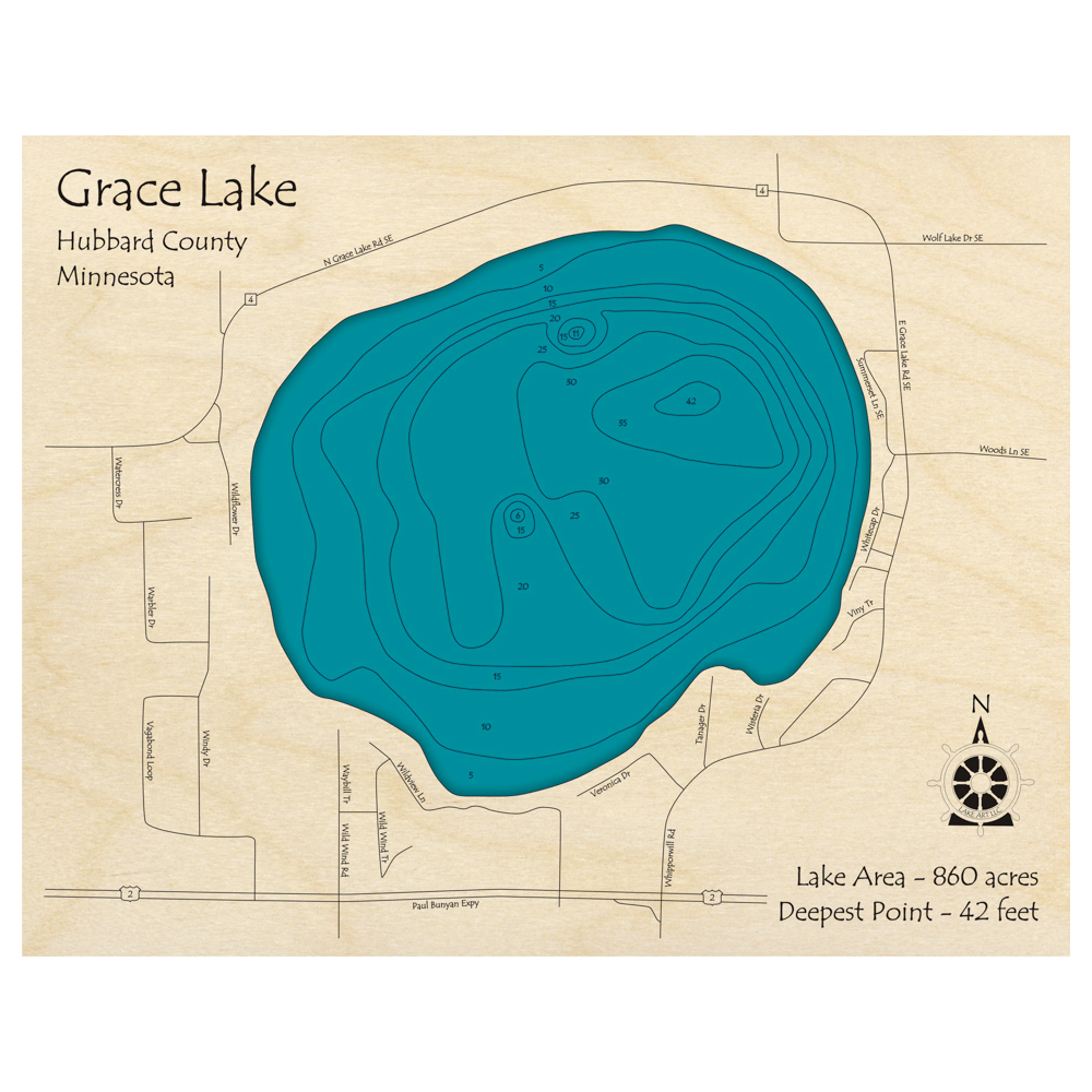 Bathymetric topo map of Grace Lake, MN with roads, towns and depths noted in blue water.