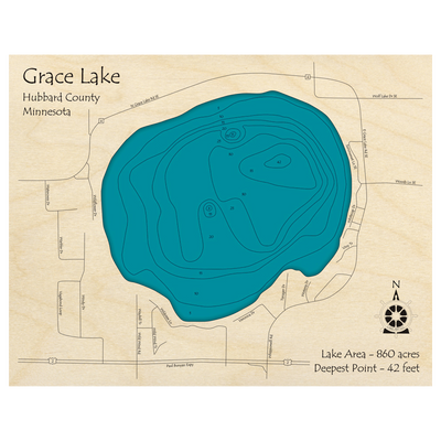 Bathymetric topo map of Grace Lake, MN with roads, towns and depths noted in blue water.