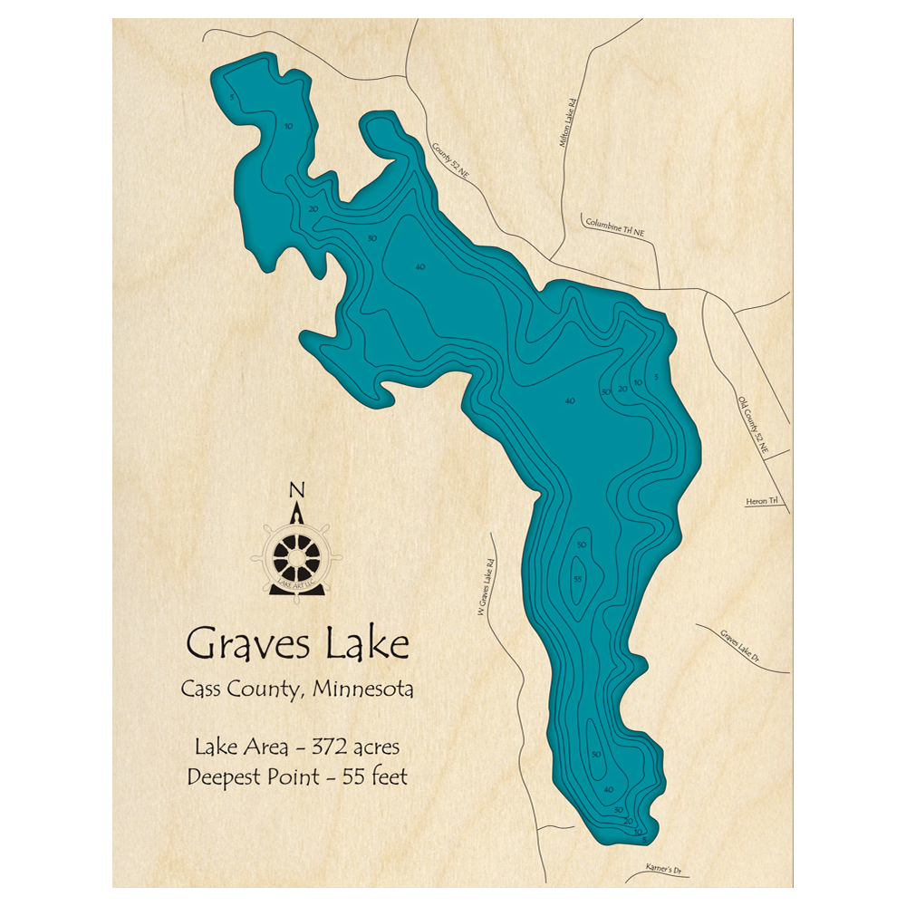 Bathymetric topo map of Graves Lake, MN with roads, towns and depths noted in blue water.
