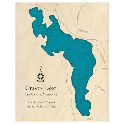 Bathymetric topo map of Graves Lake, MN with roads, towns and depths noted in blue water.