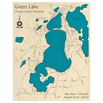 Bathymetric topo map of Green Lake, MN with roads, towns and depths noted in blue water.