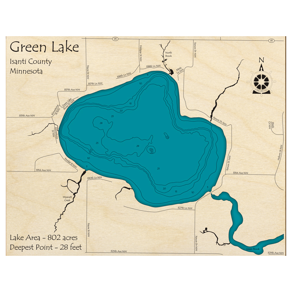 Bathymetric topo map of Green Lake, MN with roads, towns and depths noted in blue water.