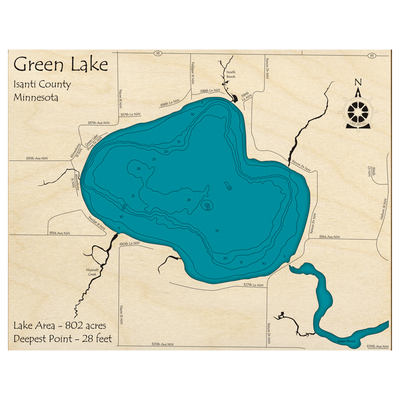Bathymetric topo map of Green Lake, MN with roads, towns and depths noted in blue water.