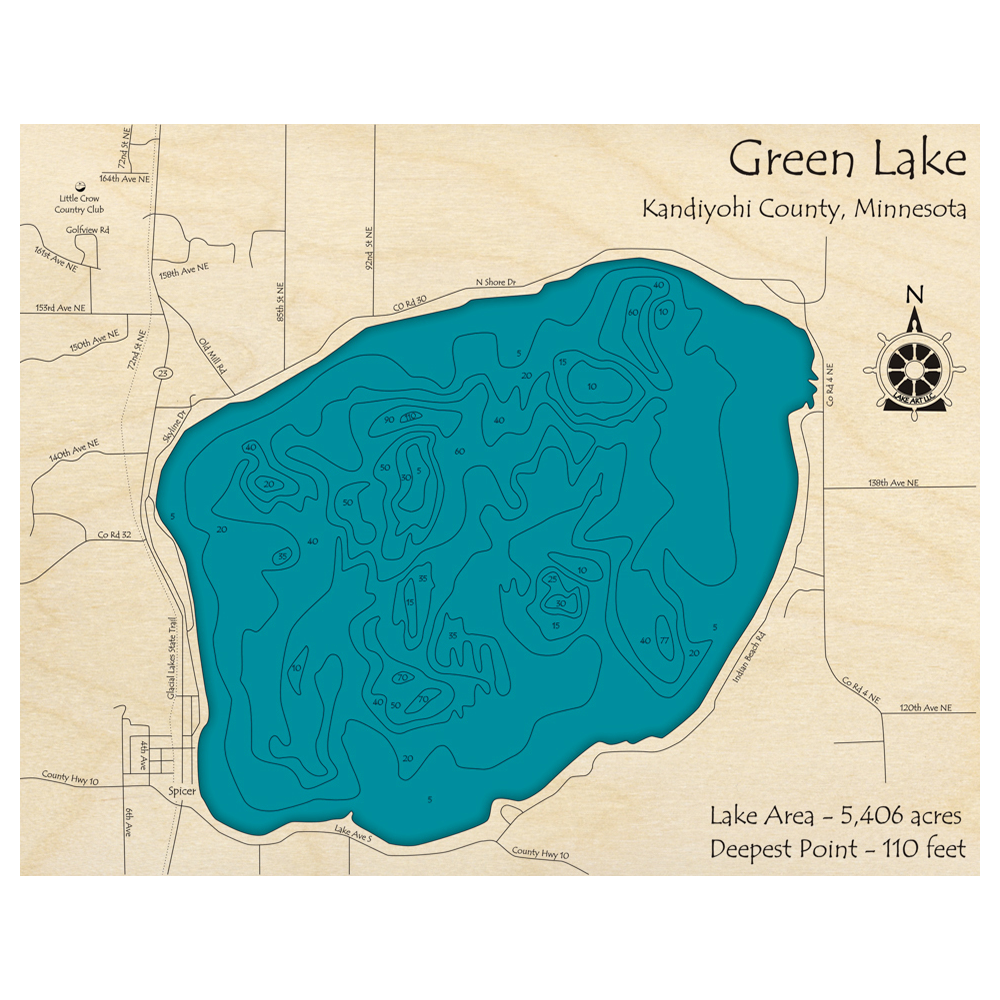Bathymetric topo map of Green Lake, MN with roads, towns and depths noted in blue water.