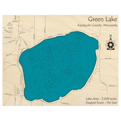 Bathymetric topo map of Green Lake, MN with roads, towns and depths noted in blue water.