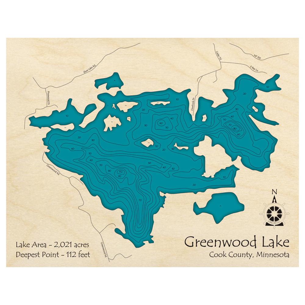 Bathymetric topo map of Greenwood Lake, MN with roads, towns and depths noted in blue water.