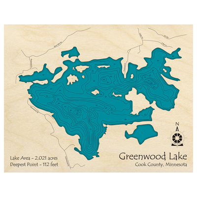 Bathymetric topo map of Greenwood Lake, MN with roads, towns and depths noted in blue water.