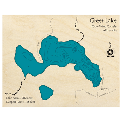 Bathymetric topo map of Greer Lake, MN with roads, towns and depths noted in blue water.