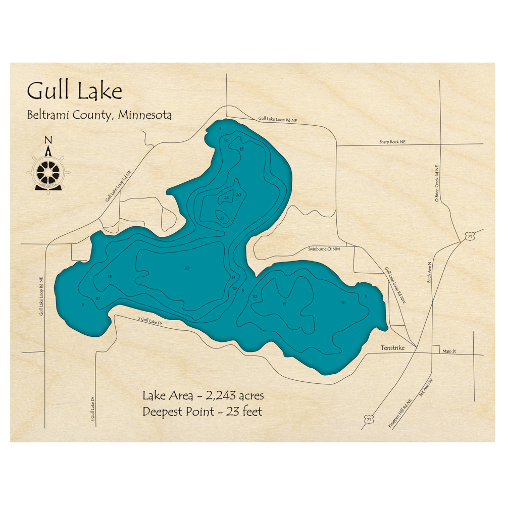 Bathymetric topo map of Gull Lake, MN with roads, towns and depths noted in blue water.