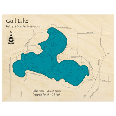 Bathymetric topo map of Gull Lake, MN with roads, towns and depths noted in blue water.