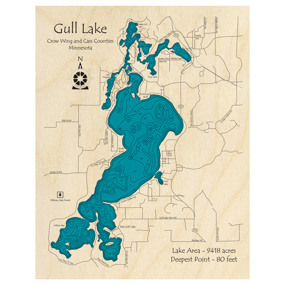 Bathymetric topo map of Gull Lake, MN with roads, towns and depths noted in blue water.