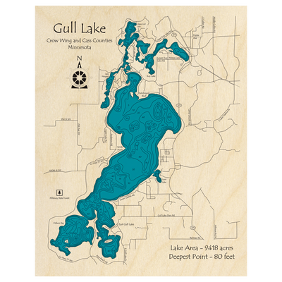 Bathymetric topo map of Gull Lake, MN with roads, towns and depths noted in blue water.