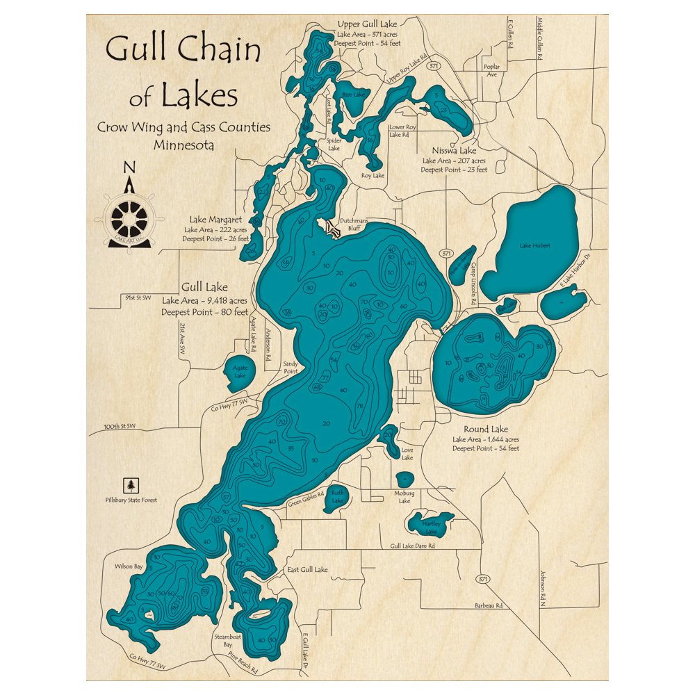Bathymetric topo map of Gull Lake Chain, MN with roads, towns and depths noted in blue water.