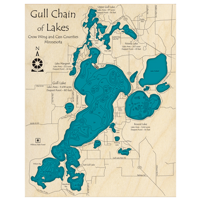 Bathymetric topo map of Gull Lake Chain, MN with roads, towns and depths noted in blue water.