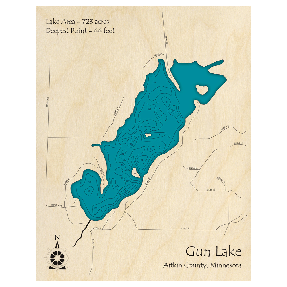 Bathymetric topo map of Gun Lake, MN with roads, towns and depths noted in blue water.