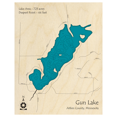 Bathymetric topo map of Gun Lake, MN with roads, towns and depths noted in blue water.