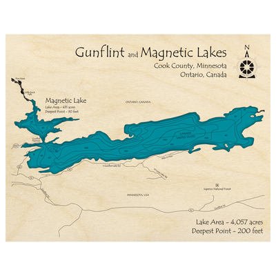 Bathymetric topo map of Gunflint Lake (MN, ON) with roads, towns and depths noted in blue water.