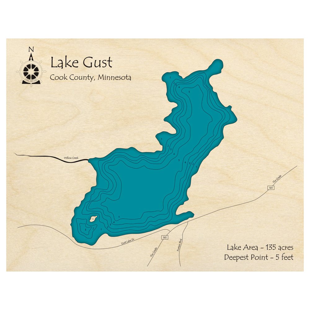 Bathymetric topo map of Lake Gust, MN with roads, towns and depths noted in blue water.