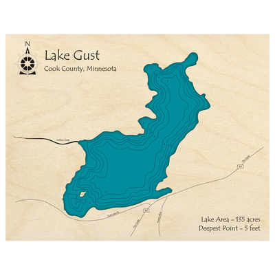 Bathymetric topo map of Lake Gust, MN with roads, towns and depths noted in blue water.