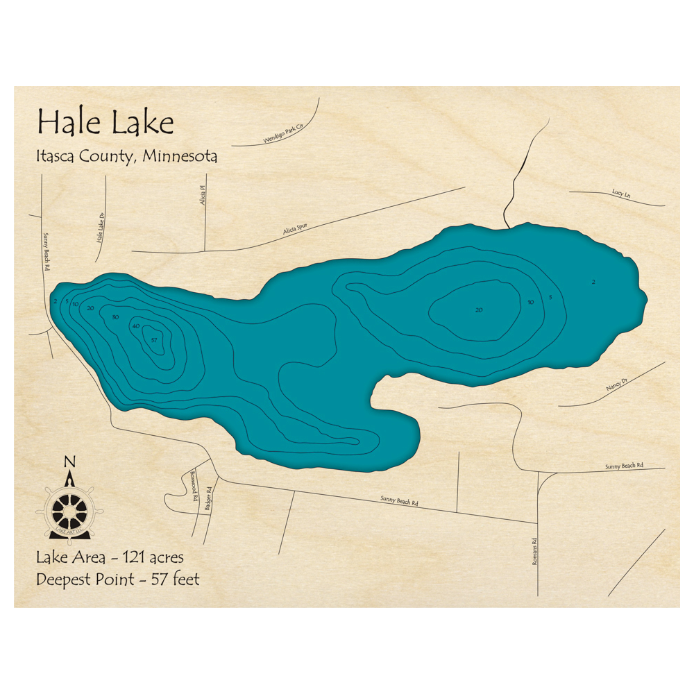 Bathymetric topo map of Hale Lake, MN with roads, towns and depths noted in blue water.