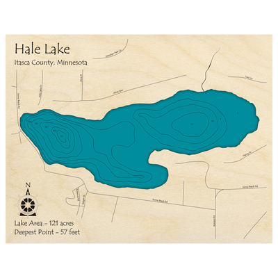 Bathymetric topo map of Hale Lake, MN with roads, towns and depths noted in blue water.