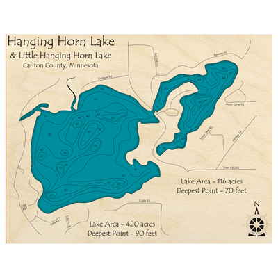 Bathymetric topo map of Hanging Horn Lake, MN with roads, towns and depths noted in blue water.