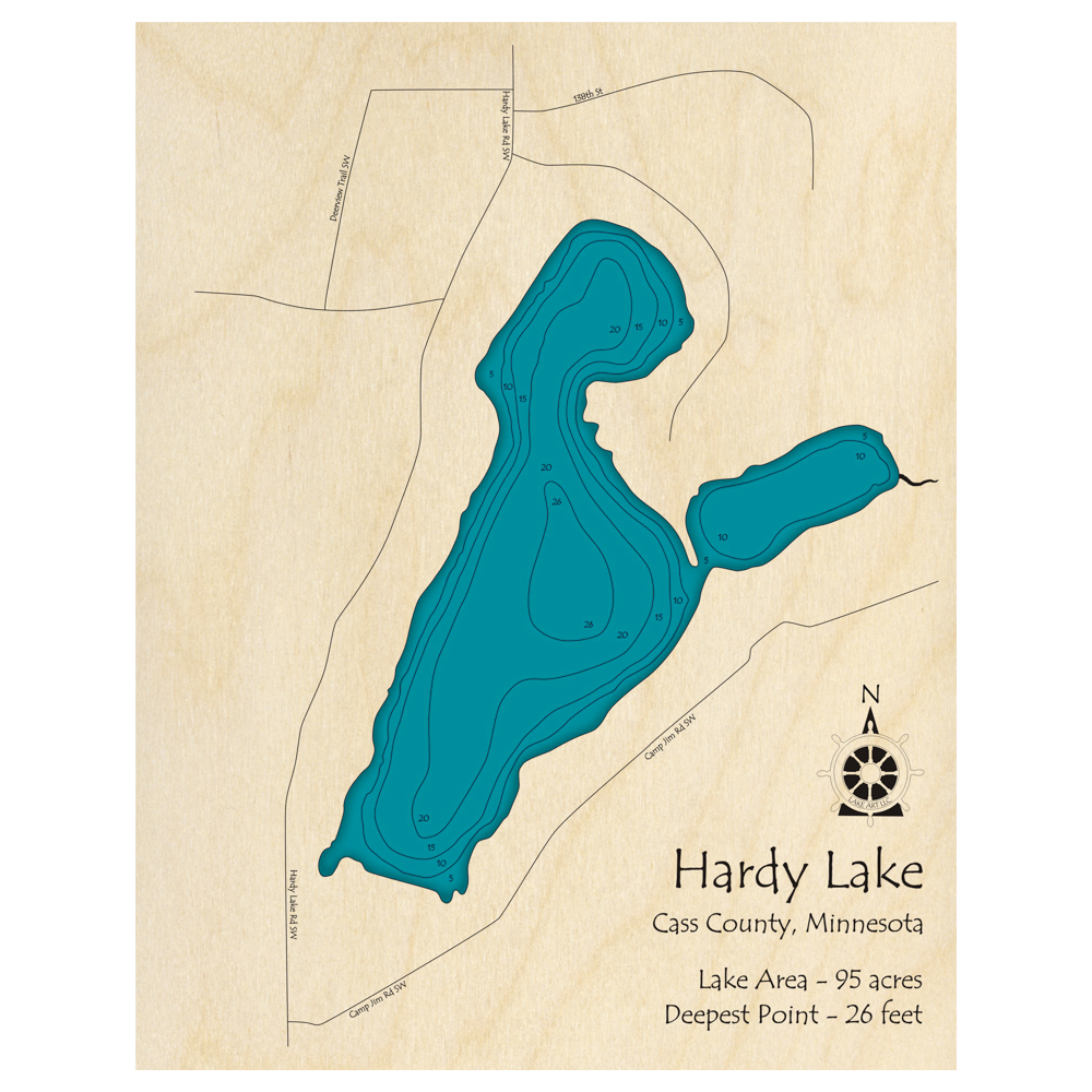 Bathymetric topo map of Hardy Lake, MN with roads, towns and depths noted in blue water.