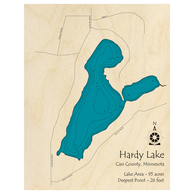 Bathymetric topo map of Hardy Lake, MN with roads, towns and depths noted in blue water.