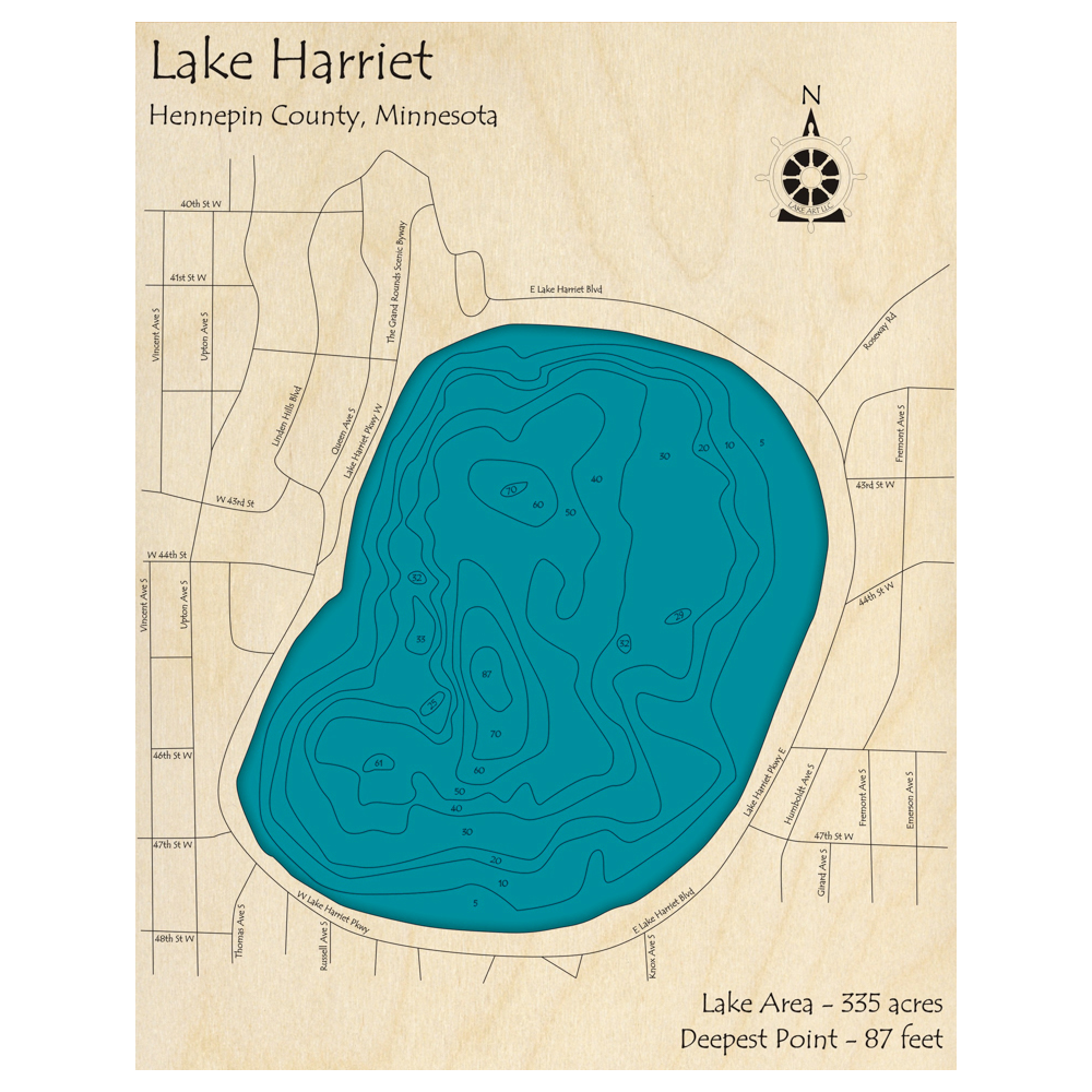 Bathymetric topo map of Lake Harriet, MN with roads, towns and depths noted in blue water.