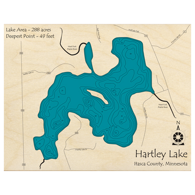 Bathymetric topo map of Hartley Lake, MN with roads, towns and depths noted in blue water.