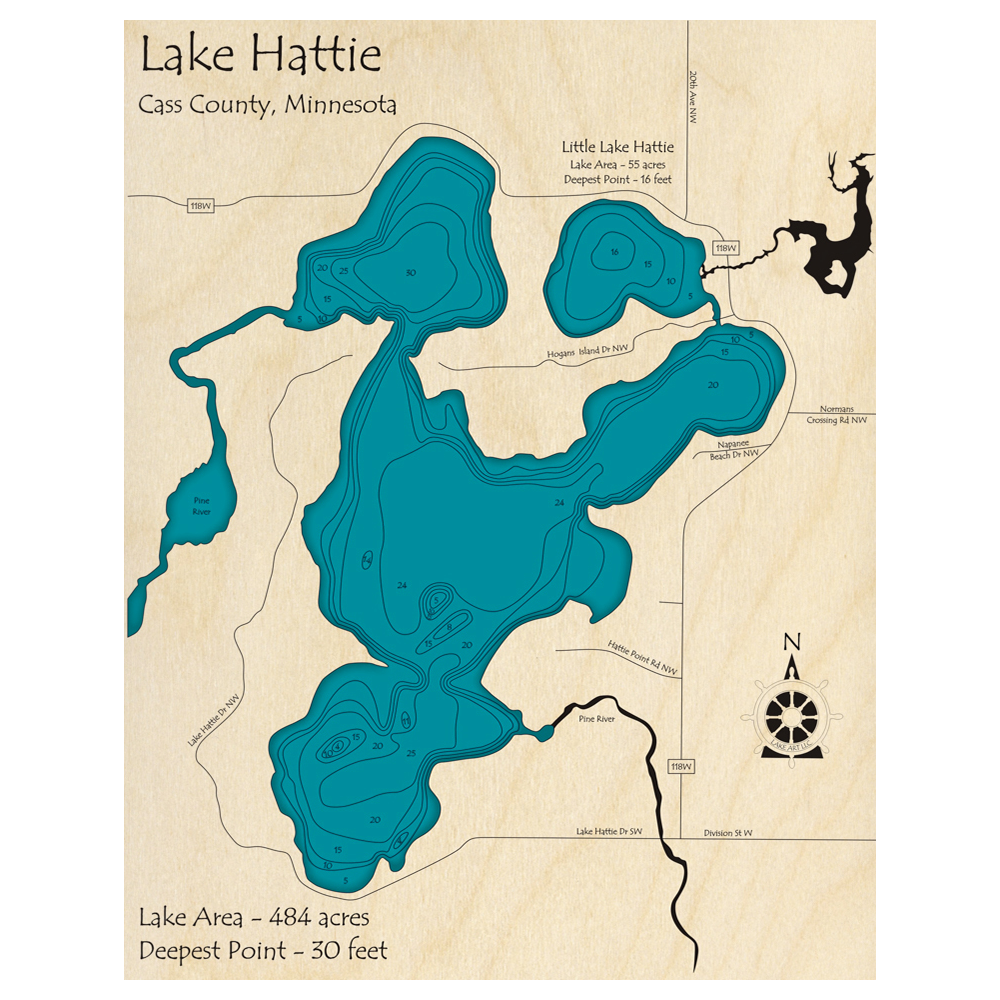 Bathymetric topo map of Lake Hattie, MN with roads, towns and depths noted in blue water.