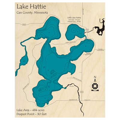 Bathymetric topo map of Lake Hattie, MN with roads, towns and depths noted in blue water.